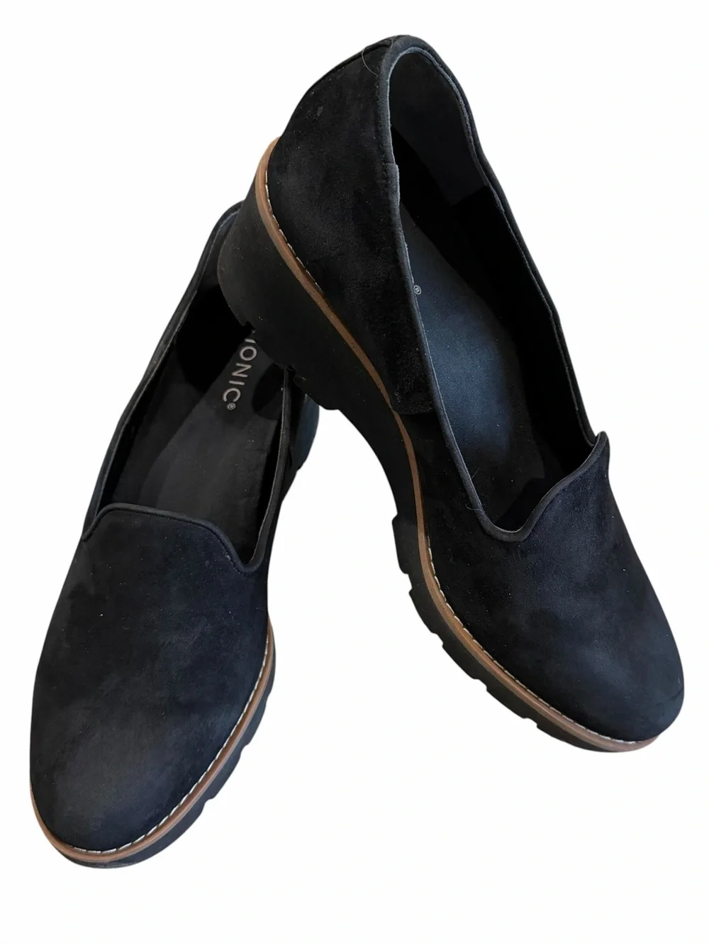 Vionic Willa Wedge Loafer Sz 9 Black Suede Slip On Business Casual Comfort Shoes